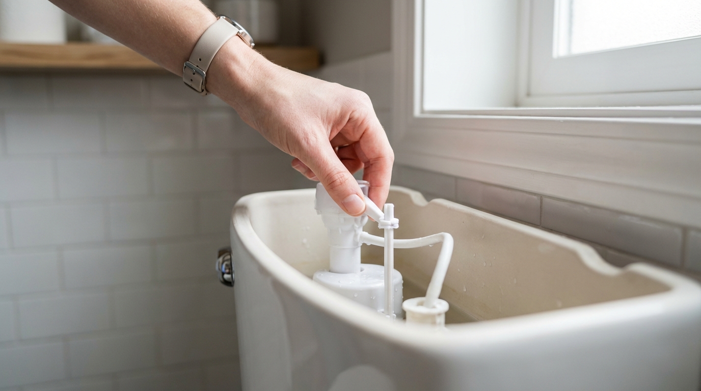 Hand adjusting toilet float mechanism inside tank